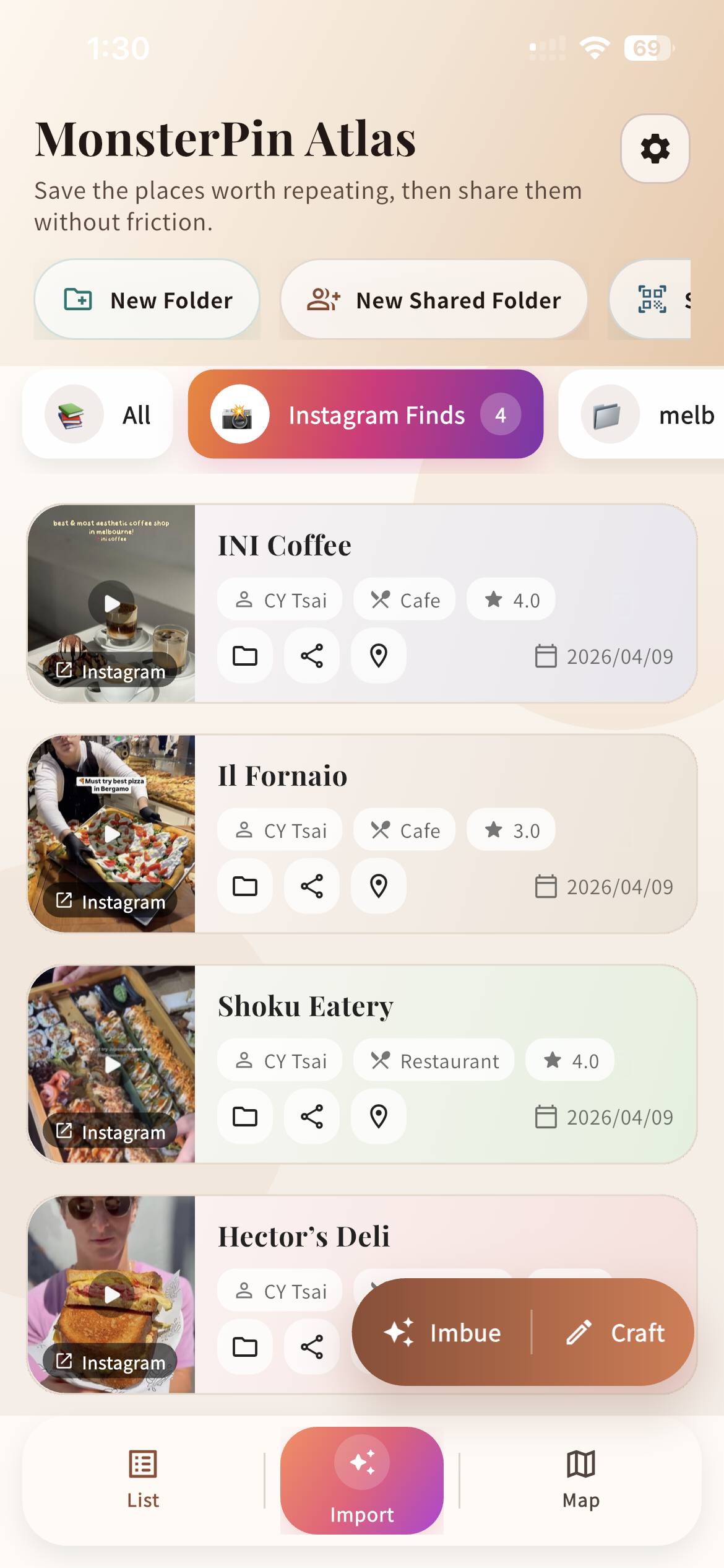 MonsterPin Instagram import screen