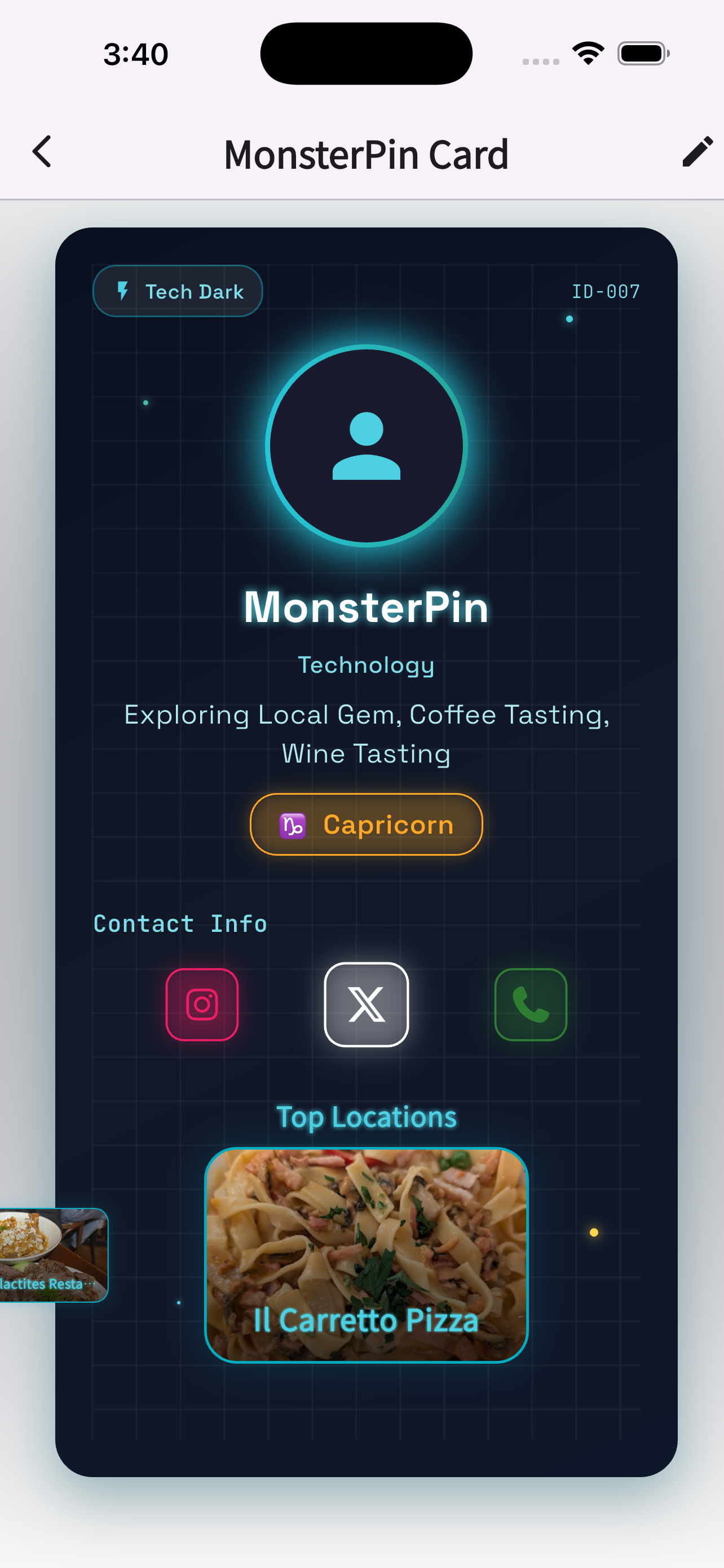 MonsterPin profile card screen